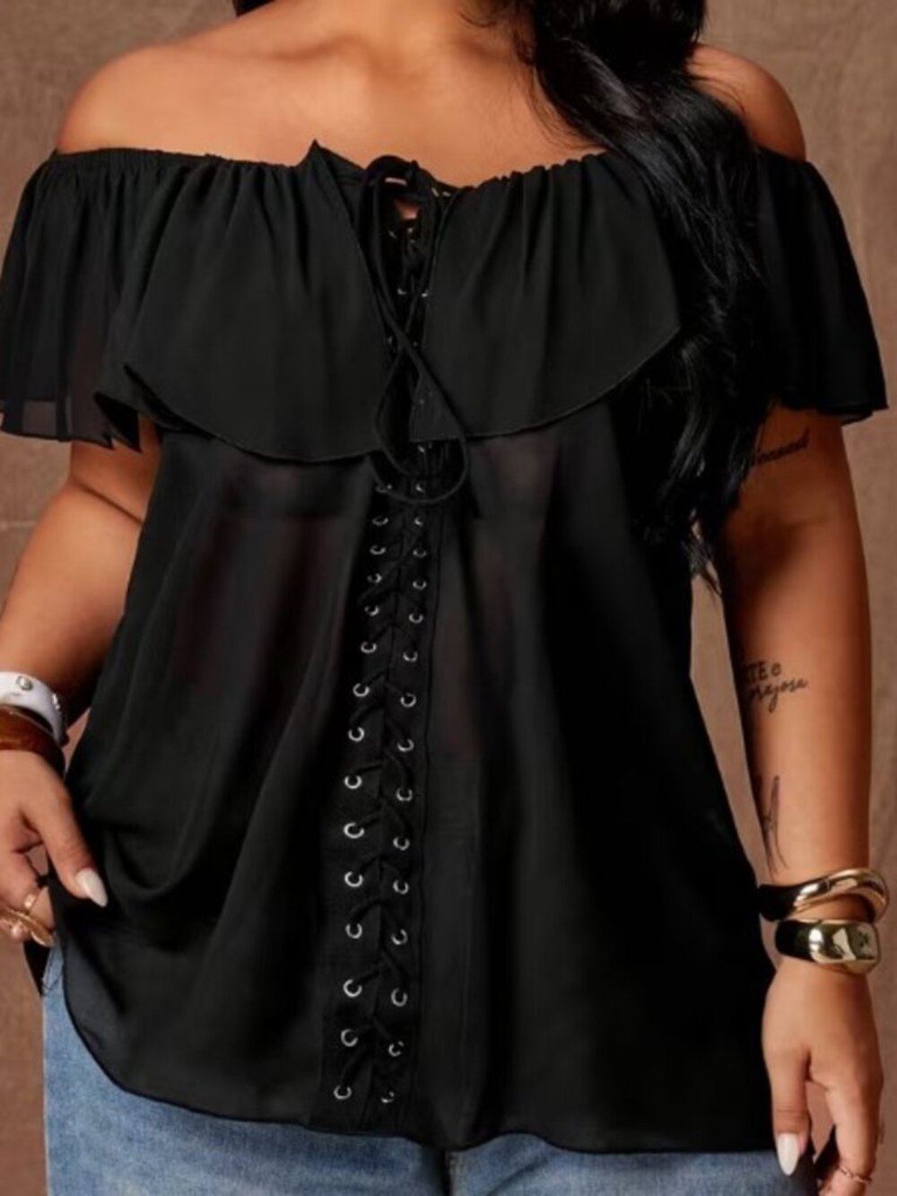 Off-the-Shoulder Sheer Chiffon Lace-Up Blouse | Plus Size 4X | NWT (Unbranded